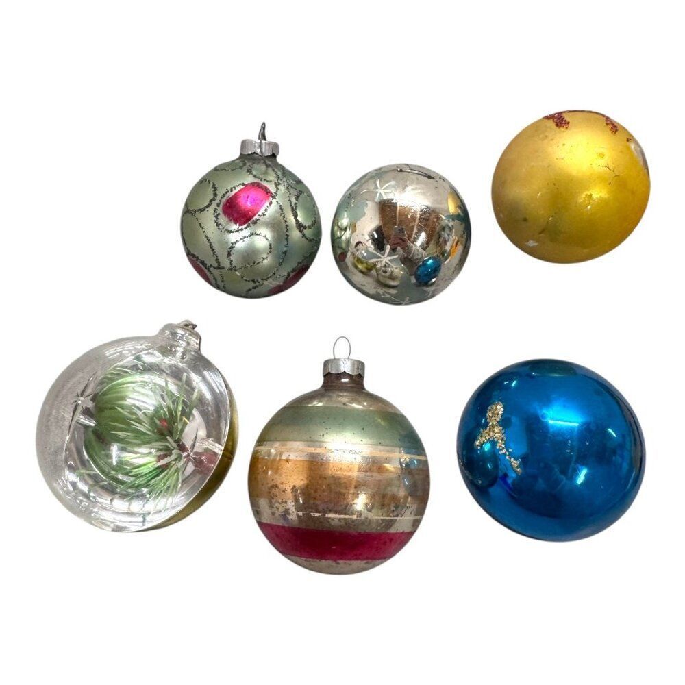 Vintage Lot Christmas Ornaments Set Of 6 Shiny Brite Designs Gold Silver Blue